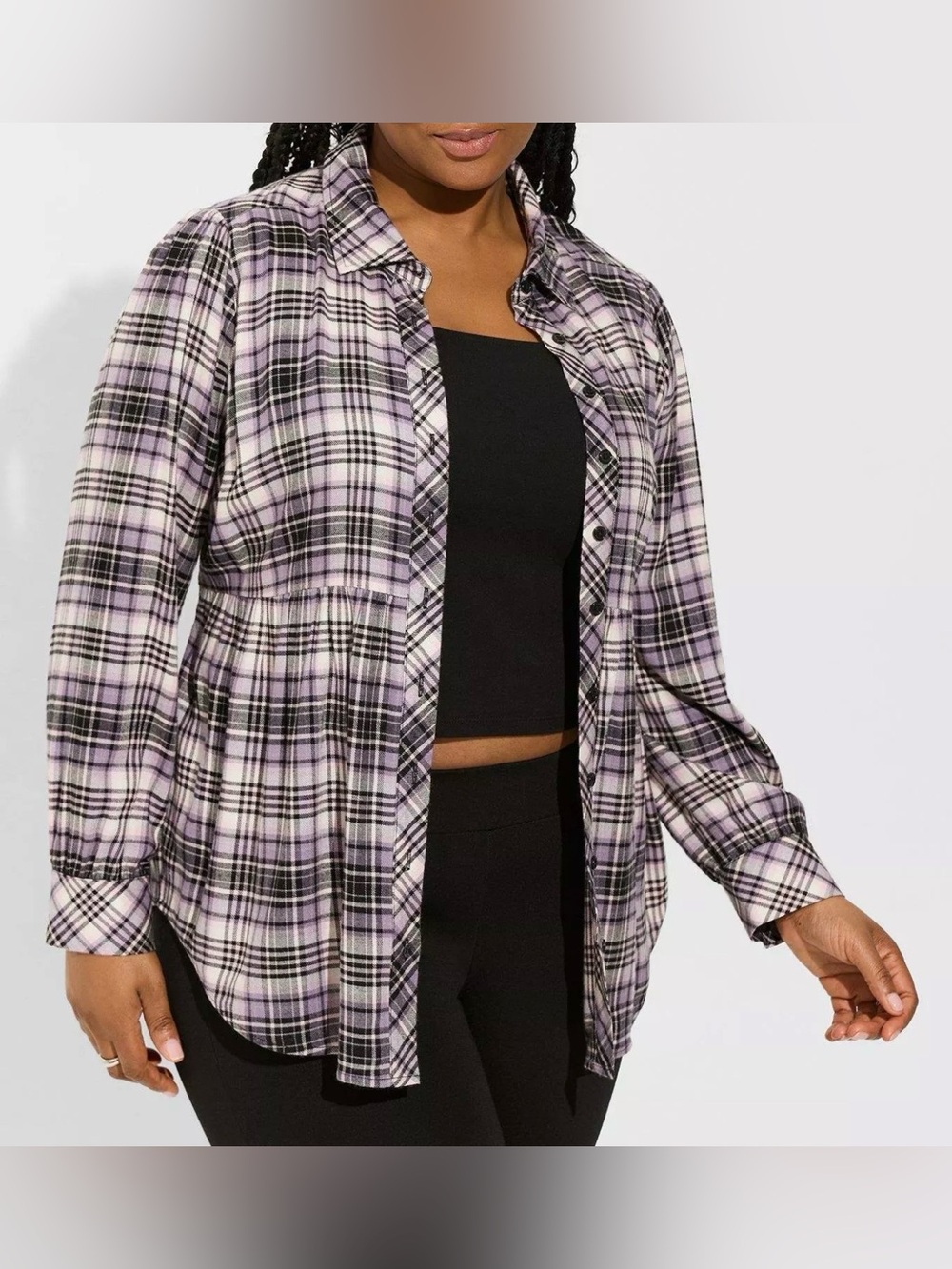 Torrid Plaid Peplum Blouse Womens Size 00 Purple Button Front Long Sleeve